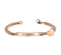 MeMeDIY Bracciale con Barra Personalizzata Incisione Nome Data per Donna Fidanzata Fidanzata in Acciaio Inossidabile Cuore Charm Curb Link Migliore Amico Regalo da Damigella d'Onore(Oro Rosa)
