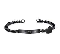 MeMeDIY Bracciale con Barra Personalizzata Incisione Nome Data per Donna Fidanzata Fidanzata in Acciaio Inossidabile Cuore Charm Curb Link Migliore Amico Regalo da Damigella d'Onore(Colore Nero)