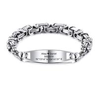 MeMeDIY Bracciale Personalizzato ID di Identificazione del Nome Dell'incisione su Misura per Uomini Donne Bambini Link in Acciaio Inossidabile (Argento Colore, 221 Millimetro, Bizantina Catena)