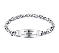 MeMeDIY Bracciale Personalizzato ID di Identificazione del Nome Dell'incisione su Misura per Uomini Donne Bambini Link in Acciaio Inossidabile (Argento Colore, 190 Millimetro, Grano Catena)