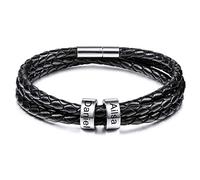 MeMeDIY Braccialetti personalizzati con incisione 2-6 nomi Identificazione di identificazione Perline in vera pelle in acciaio inossidabile Polsino intrecciato Regali per damigella d'onore (2 perline)