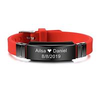 MeMeDIY Braccialetto Identificativo Personalizzato da Polso Sportivo con Incisione, Personalizzato per Uomo, Donna, Acciaio Inossidabile, Gomma Regolabile 15mm Largo (Rosso Colore)