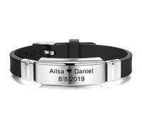 MeMeDIY Braccialetto Identificativo Personalizzato da Polso Sportivo con Incisione, Personalizzato per Uomo, Donna, Acciaio Inossidabile, Gomma Regolabile - (15mm Largo, Nero Colore)