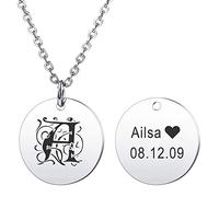 MeMeDIY Collana con Ciondolo Tondo Personalizzato Incisione Lettera Iniziale Nome Data per Uomo Donna Pietra del Parto Catena in Acciaio Inossidabile Amore Relazione Regalo di Anniversario(Argento)
