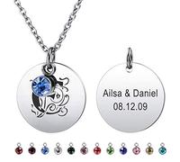 MeMeDIY Collana con Ciondolo Tondo Personalizzato Incisione Lettera Iniziale Nome Data per Uomo Donna Pietra del Parto Catena in Acciaio Inossidabile Amore Relazione Regalo di Anniversario(Argento)