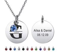 MeMeDIY Collana con Ciondolo Tondo Personalizzato Incisione Lettera Iniziale Nome Data per Uomo Donna Pietra del Parto Catena in Acciaio Inossidabile Amore Relazione Regalo di Anniversario(Argento)