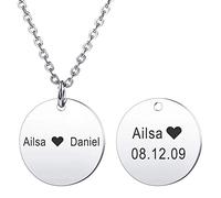 MeMeDIY Collana con Ciondolo Tondo Personalizzato Incisione Lettera Iniziale Nome Data per Uomo Donna Pietra del Parto Catena in Acciaio Inossidabile Amore Relazione Regalo di Anniversario(Argento)
