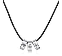 MeMeDIY Collana Personalizzata Incisione Nome Data per Uomo Donna Fidanzato Fidanzata Regolabile Acciaio Inossidabile Cordino in Vera Pelle Regalo(3 Perline Color Argento)