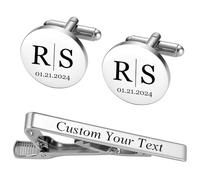 MeMeDIY Gemelli e Fermacravatta Personalizzati con Scatola di Legno Incisa con Nome Testo Iniziale Data Gemelli da Matrimonio per Polsini Camicia Regalo per Uomo/Sposo/Papà A1