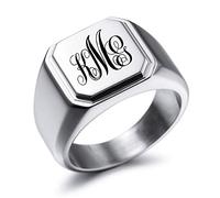 MeMeDIY Personalizzato Incisione Monogramma Lettera Anello con Sigillo per Gli Uomini Donne Custom in Acciaio Inox Nuziale Anello con Regolatori di Dimensione Dell'anello(Colore Argento Dimensione 15)