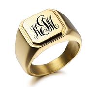 MeMeDIY Personalizzato Incisione Monogramma Lettera Anello con Sigillo per Gli Uomini Donne Custom in Acciaio Inox Nuziale Anello con Regolatori di Dimensione Dell'anello(Colore Oro Dimensione 7)