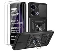 MEMELOKA Cover per Oppo Reno 13 5G/Reno13 5G con Vetro Temperato, Custodia Protettiva Militare AntiGraffio + Cavalletto in Metallo Rotante a 360° con Slidable Fotocamera Proteggi, Nero