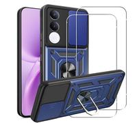 MEMELOKA Cover per Vivo V70 Fe con Vetro Temperato, Custodia Protettiva Militare AntiGraffio + Cavalletto in Metallo Rotante a 360°, Antiurto Custodia con Slidable Fotocamera Proteggi, Blu