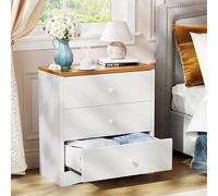 Memobarco Comodino, comodino in legno con 3 cassetti, cassettiera in legno per camera da letto piccoli spazi, bianco + noce