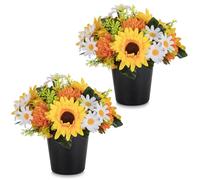 Memobloom Fiori Finti con Cimitero Vaso, 2 Pezzi, Giallo e Arancione | Autunno Girasoli Artificiali in Vasi, Finte Mazzo Fiori di Seta per Cimiteri Lapidi Esterno Decorazioni, Lapide Tomba Addobbi