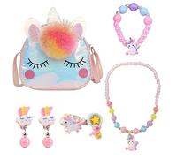 MEMOFYND 1 borsa a tracolla e 6 accessori, set di gioielli, giocattolo, collana da principessa, bracciale ad anello, adatto per feste per bambini, feste di compleanno, regalo per ragazze, Poliuretano