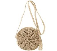 MEMOFYND 1 borsa rotonda in paglia bohémien, borsa a tracolla intrecciata, borsa da spiaggia semplice, borsa da spiaggia, borsa con nappe, adatta per viaggi e vacanze (beige), beige., 21