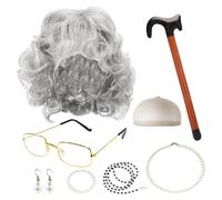 MEMOFYND 1 parrucca, 1 cappello per parrucca, 1 paio di occhiali, 1 stampelle, 1 bracciale, 1 collana e 1 paio di orecchini, accessori per abbigliamento da vecchia signora, accessori per vestirsi e