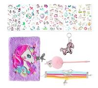 MEMOFYND 1 set di cavalli arcobaleno, taccuino viola con lucchetto, braccialetto intrecciato colorato, ciondolo con paillettes, penna gel pom pom, adesivi, diario, regalo di compleanno per ragazze