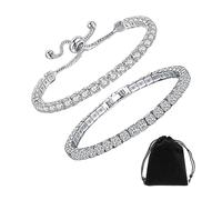 MEMOFYND 2 bracciali bianchi con zirconi con 1 sacchetto di flanella, bracciali scintillanti, braccialetti regolabili, regali di compleanno, gioielli da donna, eleganti e semplici (argento), 0,4 * 18