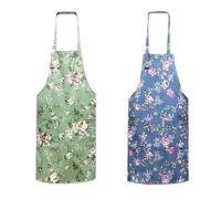 MEMOFYND 2 grembiuli da cucina da donna, grembiuli vintage, grembiuli floreali, grembiuli da forno, grembiuli da cucina floreali da donna con 2 tasche (blu, verde)