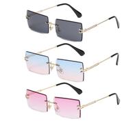 MEMOFYND 3 paia di occhiali da sole donna senza cornice, occhiali da sole retrò rettangolari alla moda, occhiali di sicurezza unisex, adatti per la fotografia e lo sport (viola, blu rosa, nero)