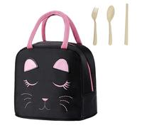 MEMOFYND Borsa per il pranzo con viso di gatto e set di posate da 3 pezzi, impermeabile, stile cartone animato, borsa per il pranzo, borsa per il pranzo portatile, riutilizzabile, colore nero