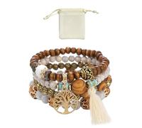 MEMOFYND Bracciale multistrato con perline di legno e sacchetto in flanella, gioielli boemiani per donne e ragazze, bracciale dell'amicizia estensibile, 18 cm