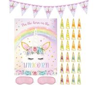 MEMOFYND Gioco per feste con cavallo, corna su poster, viene fornito con 2 legature per gli occhi, 24 adesivi angolari, 1 bandierine rosa, riempitivo per sacchetti per feste, regalo di compleanno,