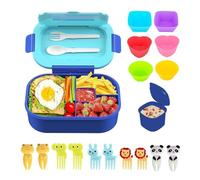MEMOFYND Lunch Box per bambini con 1 contenitore per salsa indipendente, 6 tazze in silicone e 10 forchette da frutta, scatola bento a prova di perdite, con posate e 4 scomparti, per il pranzo