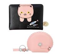 MEMOFYND Portafoglio da Donna in Pelle con Cerniera, Doppio Pieghevole con Disegni Cartoni Animati per Donne e Ragazze (Nero), 12*10*3cm