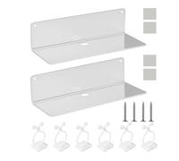 MEMOFYND Scaffali Sospesi in Acrilico - 2 Pezzi Con 4 Viti di Espansione, 4 Adesivi Senza Unghie e 6 Morsetti Bianchi per Cavi Dati - Autoadesivo, Piccolo Scaffale da Parete