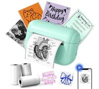 Memoking Mini Stampante Portatile - Q02E Stampante Termica Portatile Bluetooth, Stampante Etichette Adesive con 3 Rotolo di Carta, Mini Stampante Termica per Foto, Appunti di Studio, Regalo (Verde)