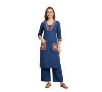 Memore Set di pantaloni khadi da donna in cotone ricamato, Blu Reale, XL