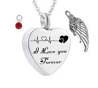 Memorial Ashes Urn,Heart with Angel Wing Birthstone and ECG Engraving I Love You Forever Pet Ashes Necklace Stainless Steel Urn Necklace for Ashes