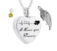 Memorial Ashes Urn,Heart with Angel Wing Birthstone and ECG Engraving I Love You Forever Pet Ashes Necklace Stainless Steel Urn Necklace for Ashes