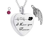 Memorial Ashes Urn,Heart with Angel Wing Birthstone and ECG Engraving I Love You Forever Pet Ashes Necklace Stainless Steel Urn Necklace for Ashes