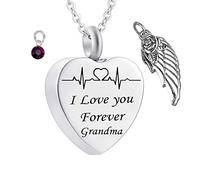 Memorial Box for Human Ashes,Heart with Birthstone Angel Wing and ECG Engraving I Love You Forever Grandma Stainless Steel Pendant Urn Pendant for Ashes