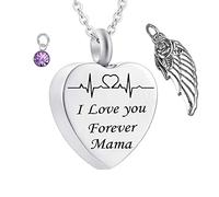 Memorial for Ashes Necklace,Heart with Angel Wing Birthstone and ECG Engraving I Love You Forever Mama Urn Necklaces for Ashes Stainless Steel Necklace Urns