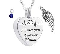 Memorial for Ashes Necklace,Heart with Angel Wing Birthstone and ECG Engraving I Love You Forever Mama Urn Necklaces for Ashes Stainless Steel Necklace Urns