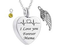 Memorial for Ashes Necklace,Heart with Angel Wing Birthstone and ECG Engraving I Love You Forever Mama Urn Necklaces for Ashes Stainless Steel Necklace Urns