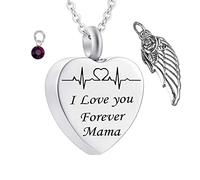 Memorial for Ashes Necklace,Heart with Angel Wing Birthstone and ECG Engraving I Love You Forever Mama Urn Necklaces for Ashes Stainless Steel Necklace Urns