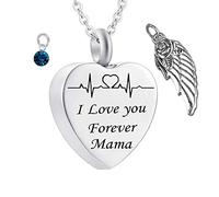 Memorial for Ashes Necklace,Heart with Angel Wing Birthstone and ECG Engraving I Love You Forever Mama Urn Necklaces for Ashes Stainless Steel Necklace Urns