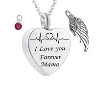 Memorial for Ashes Necklace,Heart with Angel Wing Birthstone and ECG Engraving I Love You Forever Mama Urn Necklaces for Ashes Stainless Steel Necklace Urns
