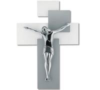 MEMORY SRL Piccolo CROCIFISSO da Parete Moderno 17X12 Croce Grigio Bianco Cristo Colore Argentato me12101g