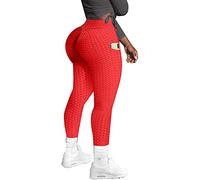 Memoryee Pantaloni da Yoga a Vita Alta da Donna del Leggings con Tasche Leggings da Corsa da Palestra per Il Controllo della Pancia/Red/XL