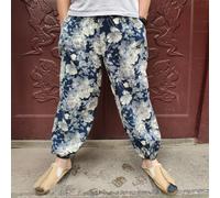 Men' S Cotone Lino Rétro Pantaloni Larghi Boho Floreale Hippie Casual Largo