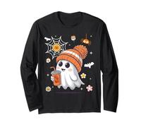 Men Women Kids Cute Ghost Drinking Coffee Spooky Halloween Maglia a Manica
