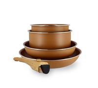 MENASTYL - Batteria da cucina 5 pezzi nocciola - alluminio riciclato - 2 padelle 22 cm e 26 cm + 2 pentole 16 cm e 18 cm + 1 maniglia rimovibile - tutti i piani cottura inclusa induzione - 6020586