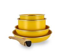 MENASTYL - Batteria da cucina 5 pezzi Zafferano - alluminio riciclato - 2 padelle 22 cm e 26 cm + 2 pentole 16 cm e 18 cm + 1 maniglia rimovibile - tutti i piani cottura inclusa induzione - 6020588
